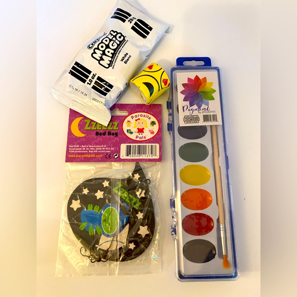 Watercolor paint set, bed bug air freshener, slap bracelet & Crayola model magic